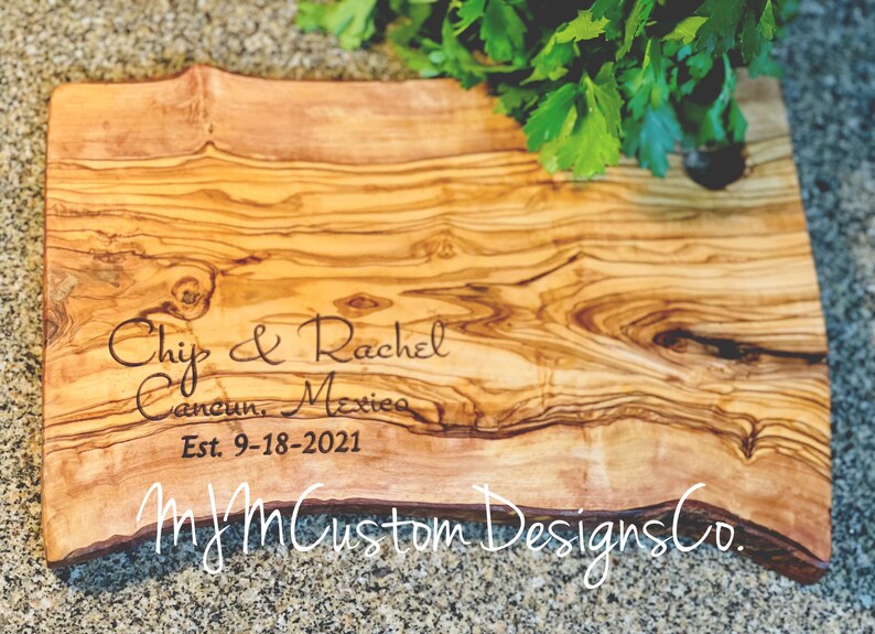 Personalized Natural Olive wood cheese Cutting Board, Engraved Wood Wedding Gift Cutting Board, Anniversary Gift, Personalized Wedding Gift image 5