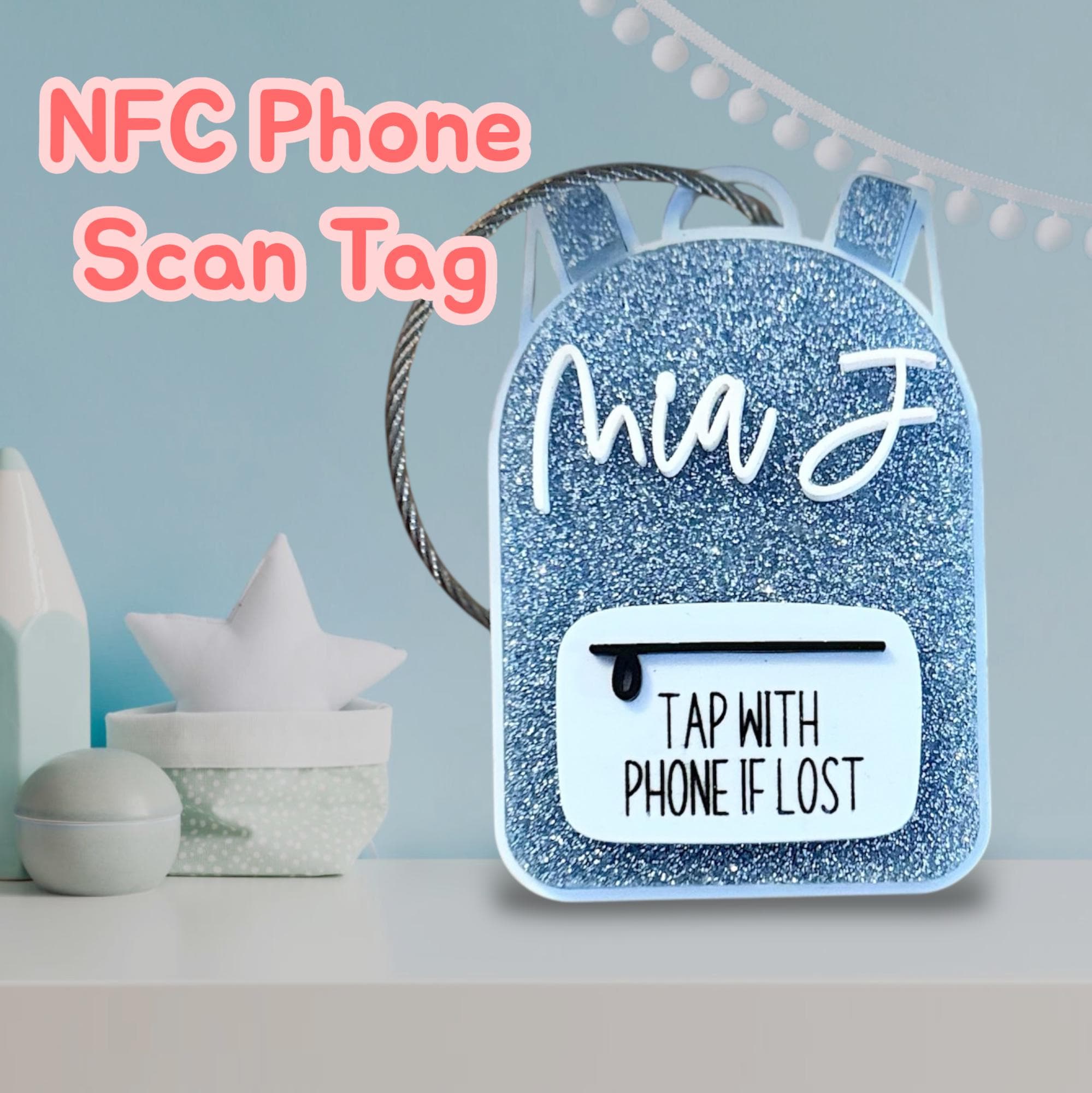NFC Phone Scan Backpack Tag, Backpack Phone Scan Tag, Emergency Contact Bag Tag, Personalized Bag Tag. Name Book Bag Name Tag.