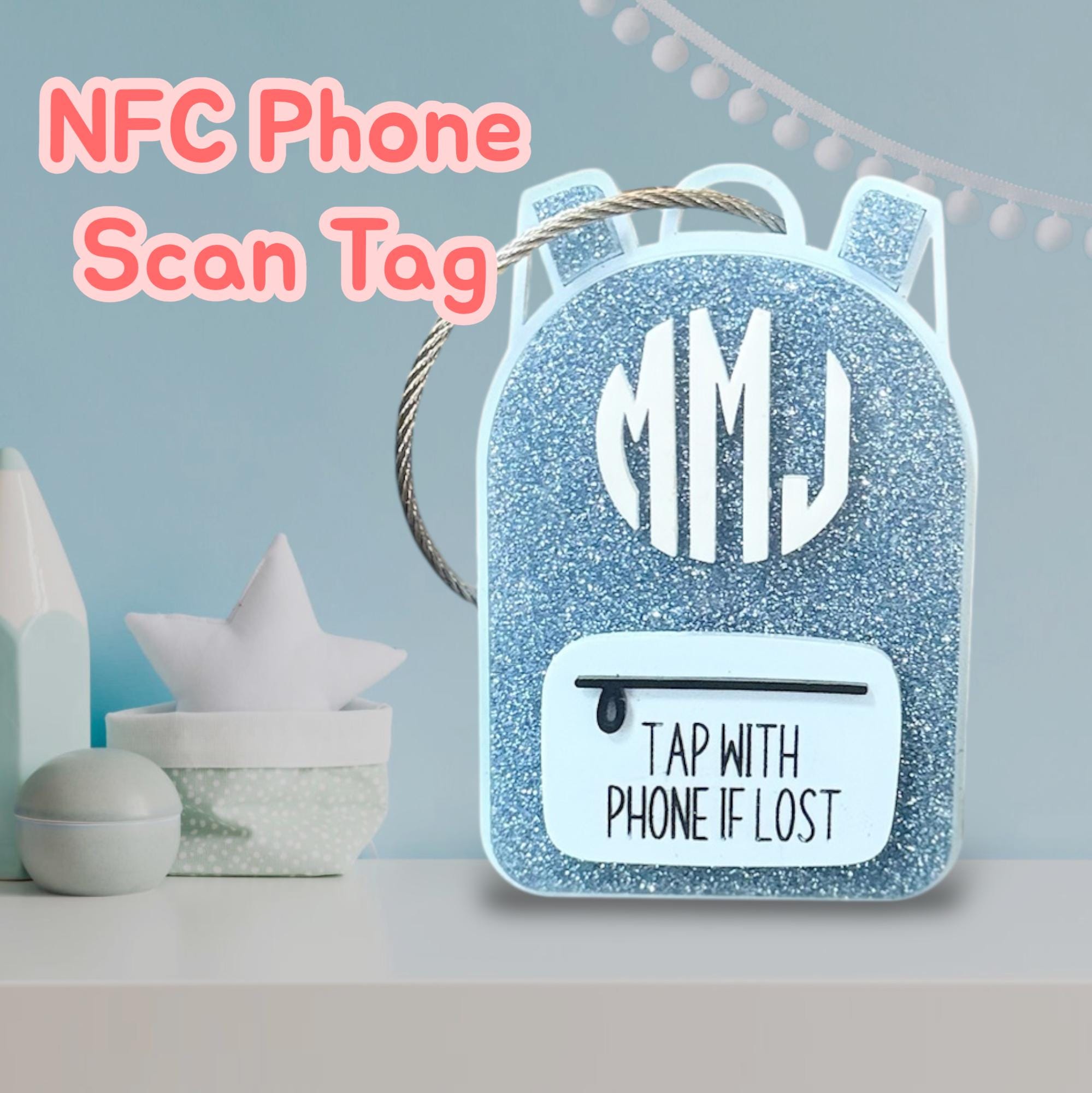 NFC Phone Scan Backpack Tag, Backpack Phone Scan Tag, Emergency Contact Bag Tag, Personalized Bag Tag. Name Book Bag Name Tag.