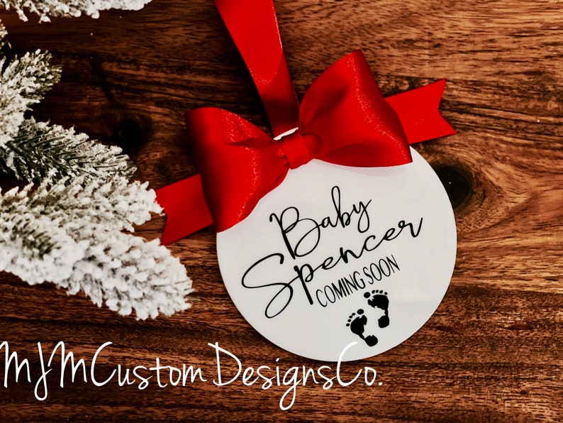 Pregnancy Announcement Ornament, Christmas Pregnancy announcement, Coming Soon Announcement, pregnancy Reveal, Expecting Christmas Ornament. image 1