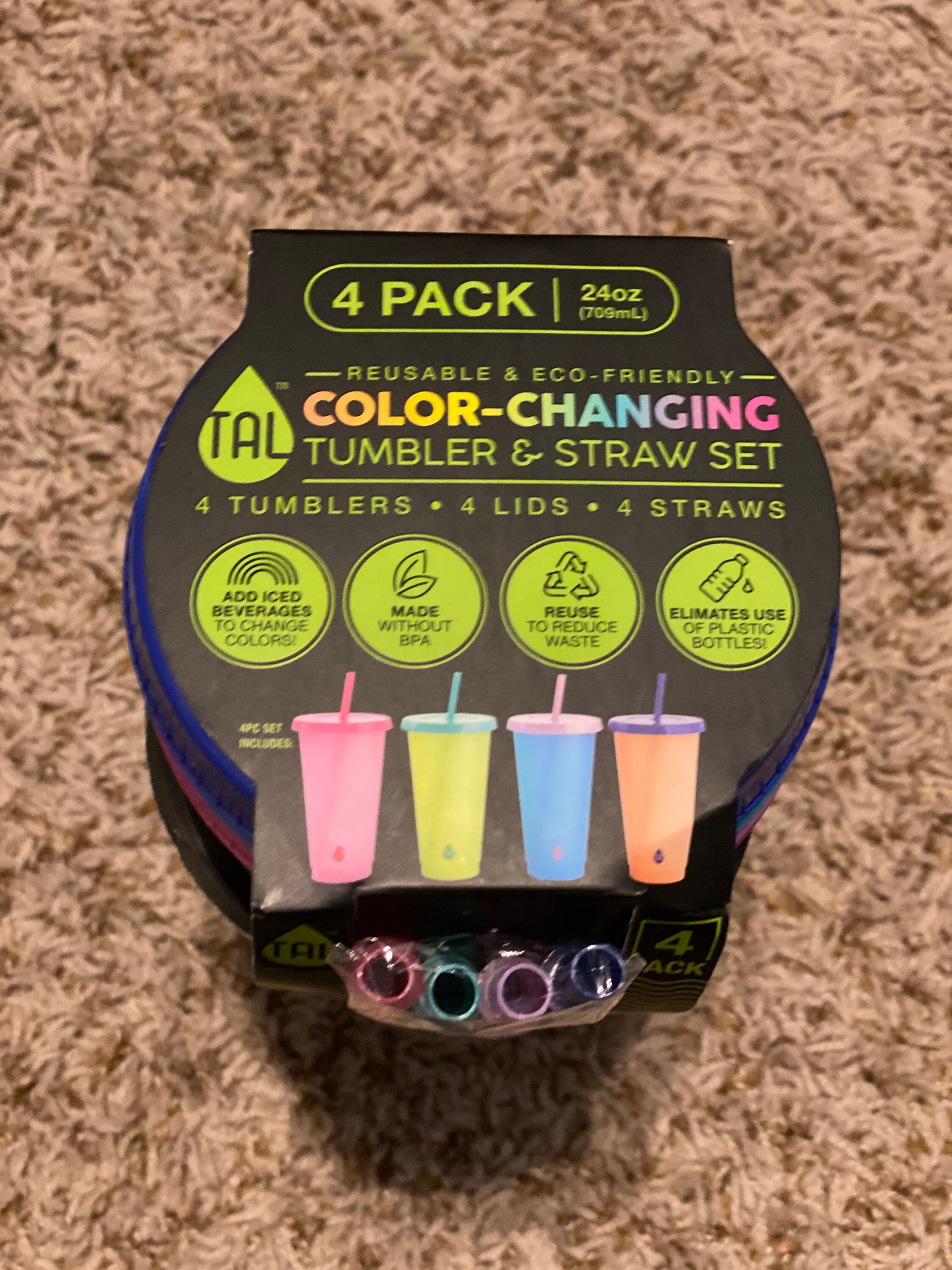 Tal 24oz Reusable Color Changing Tumbler Cup With Straw 4 Pack. 