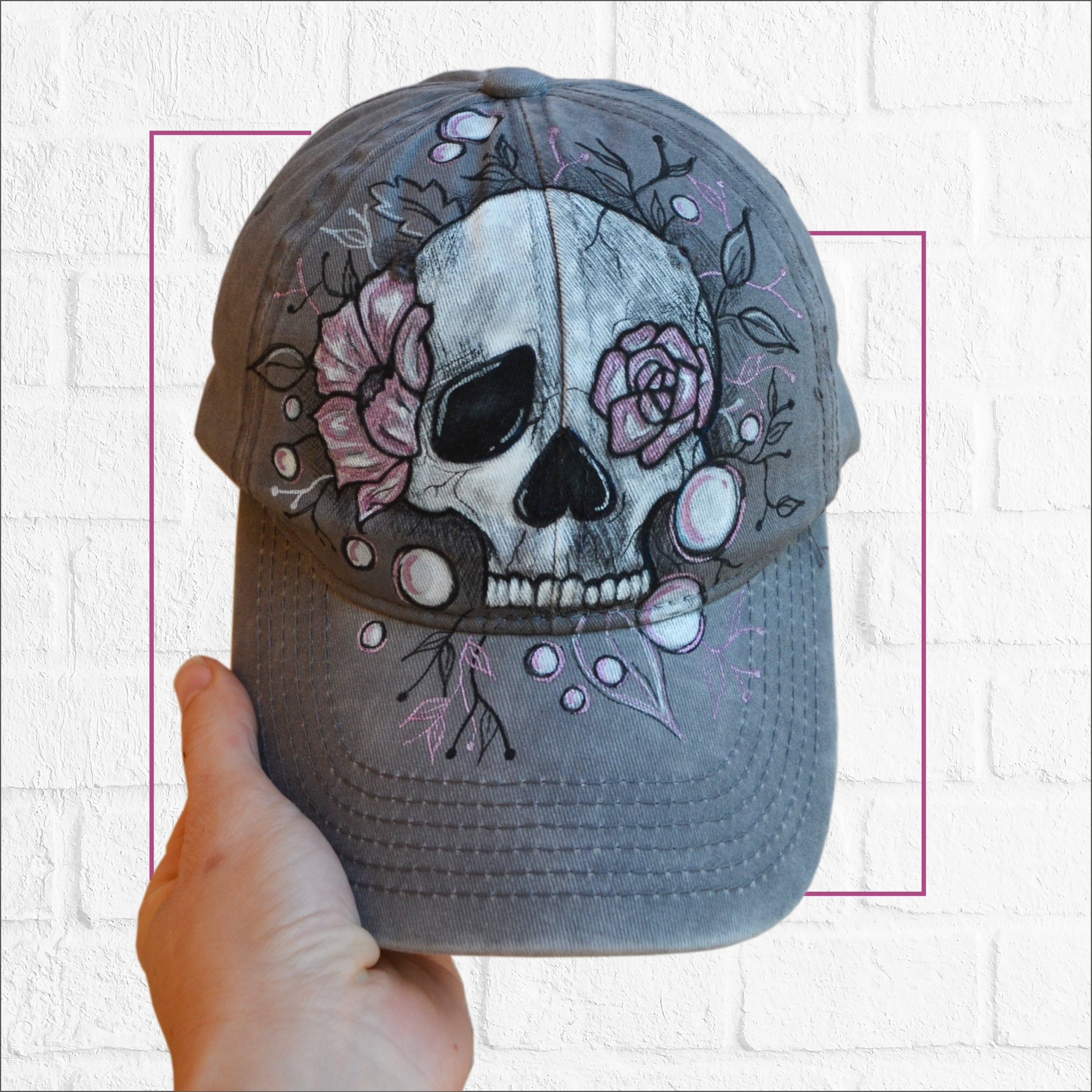 Hand Painted Skull Baseball Hat, Skull and Roses Sketch  display picture 3