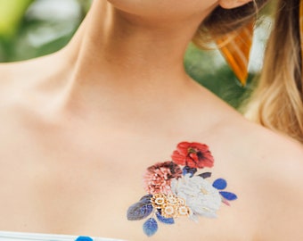 Blumenstrauß temporäres Tattoo / Vintage Flower Temp Tattoo (2er Set)