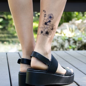 Wild Flower Temporary Tattoo/ Herbarium Temporary Tattoo/ Floral Tattoo/ Black Botanical Temporary Tattoo  (Set of 2)