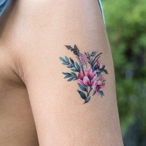 Blush Temporary Tattoo/ Pink Floral Bouquet Temp Tattoos/ Wildflower (Set Of 2)