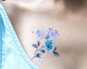 Blue Bloom Temporary Tattoo/ Floral Tattoo/ Watercolor Tattoo/ Vintage Flower Tattoo/ Wildflower Temporary Tattoo (Set Of 2)