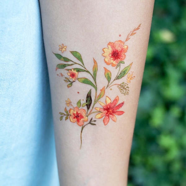 Floral Perfection Temporary Tattoo/ Orange Floral Bouquet Temp Tattoos (Set Of 2)