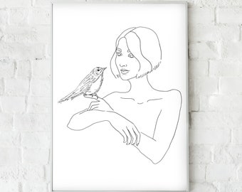 woman and bird digital print,Abstract line art, Line wall art, Woman art prints,Printable wall art Abstract painting,Black and white figure
