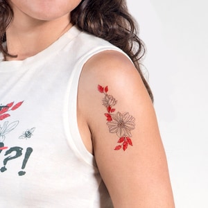 Black and red floral/ flower tattoo/ floral temporary tattoo/ red tattoo/ line drawing temporary tattoo (Set of 2)