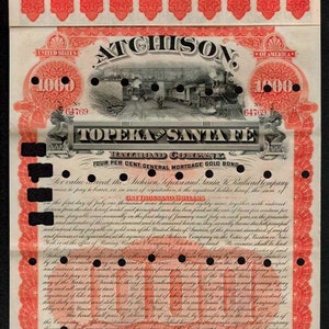 May include: A vintage bond certificate for the Atchison, Topeka and Santa Fe Railroad Company, dated July 1, 1889, for the amount of $1,000. The certificate is printed on cream-colored paper with red and black ink. It features an illustration of a train with multiple cars and a locomotive.