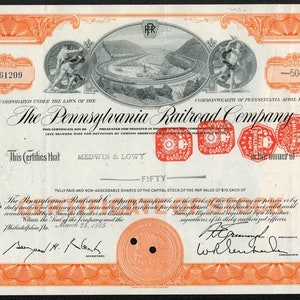 The Pennsylvania Railroad Company Stock Certificate - Orange -1960&#39;s