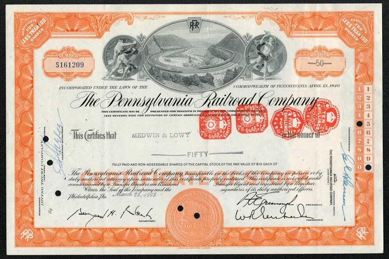 The Pennsylvania Railroad Company Stock Certificate Orange 1960's Etsy