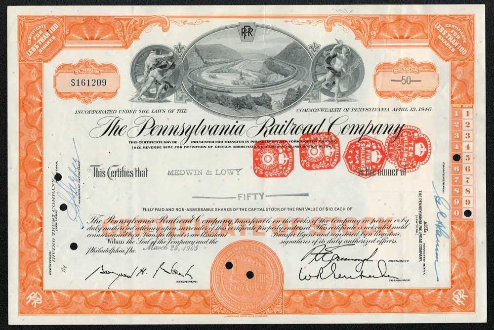 The Pennsylvania Railroad Company Stock Certificate Orange 1960's Etsy