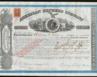 1866 American Express Company Stock Certificate Issued to and Signed by William Fargo, Henry Wells, and J.C. Fargo - RARE