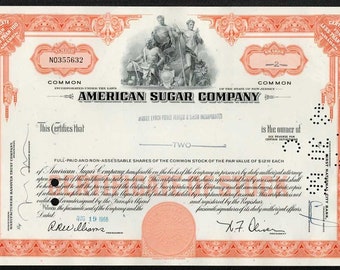 American Sugar Company Stock Certificate - Original Dow Member - Now Domino Sugar