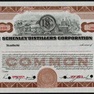 Schenley Distillers Specimen Stock Certificate - Dewar&#39;s Scotch Whiskey