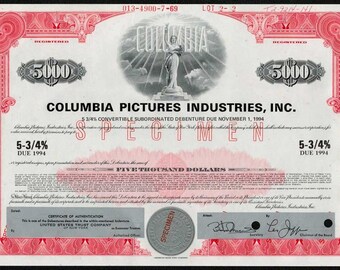 Columbia Pictures Specimen 5000 Bond Certificate - 1969