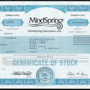Mindspring  Stock Certificate - Rare - One of the First Internet Service Providers - Earthlink