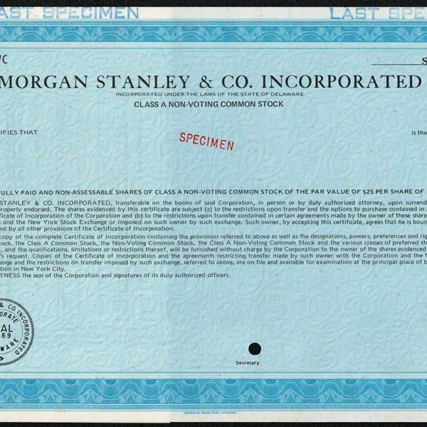 Morgan Stanley & Co. Specimen Stock Certificate - 1969