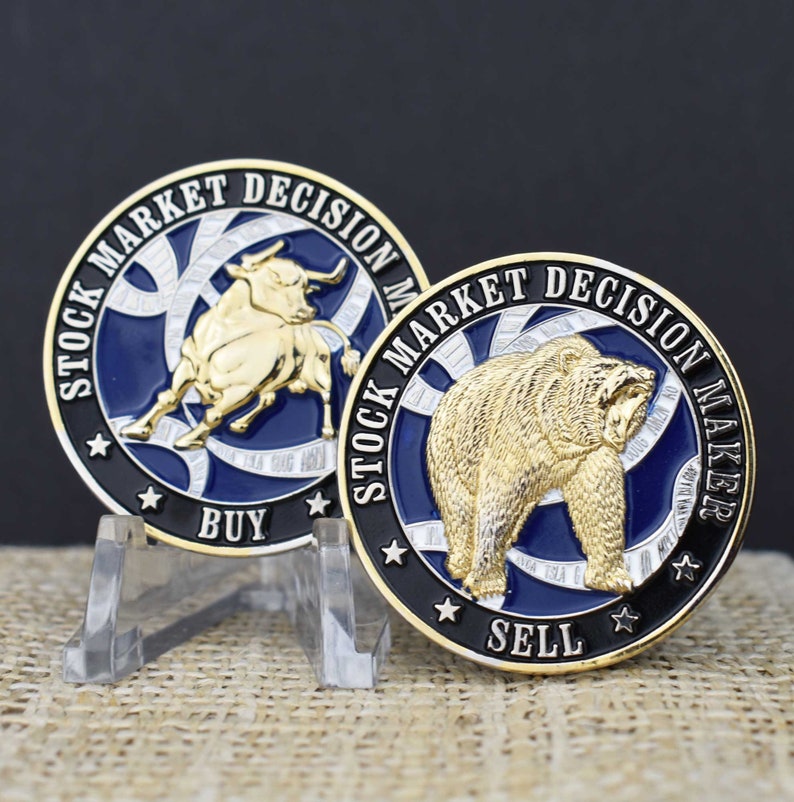 Stock Market Decision Maker Bull & Bear Coin Gold and Silver Plated image 1