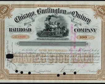 May include: A vintage stock certificate for the Chicago, Burlington and Quincy Railroad Company. The certificate is dated 19 and is for 100 shares. The certificate features a black and white illustration of a steam locomotive.