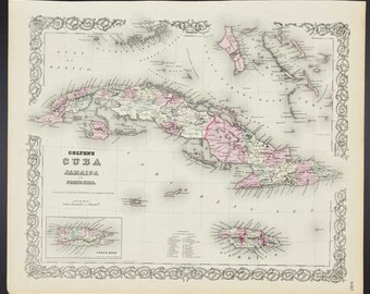 Colton's Cuba Jamaica & Porto Rico Map - 1860s - Map of Cuba, Puerto Rico Map - Jamaica Map