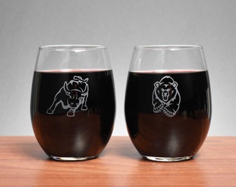Stock Market Bull & Bear Wine Glasses - Set of Two