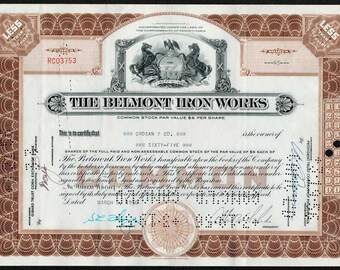 The Belmont Iron Works Stock Certificate - 1950s