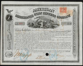 1868 Merchants Union Express Company Stock Certificate - Signed William Fargo (American Express)