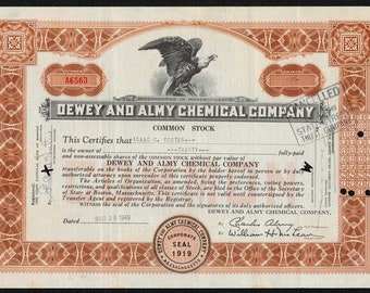 Dewey and Almy Chemical Company Stock Certificate - 1940s