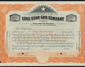 1909 Lone Star Gas Co Specimen Stock Certificate - Now Enserch - Fort Worth Texas
