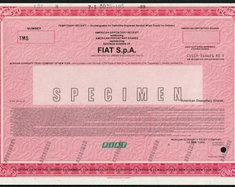 Fiat Specimen Stock Certificate - Italian Auto Manufacturer - Now Stellantis