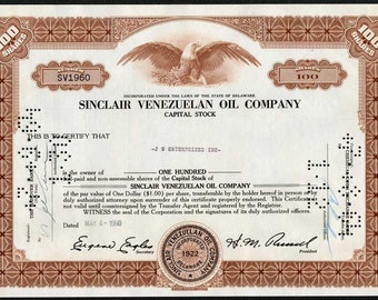 Sinclair Venezuelan Oil Company Stock Certificate 100 share - 1960s