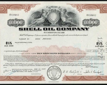 Shell Oil Company 10,000 Bond Certificate - Now Royal Dutch Shell