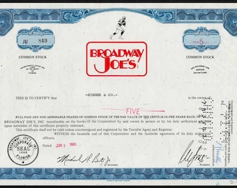 Broadway Joes Stock Certificate - Joe Namath - New York Jets