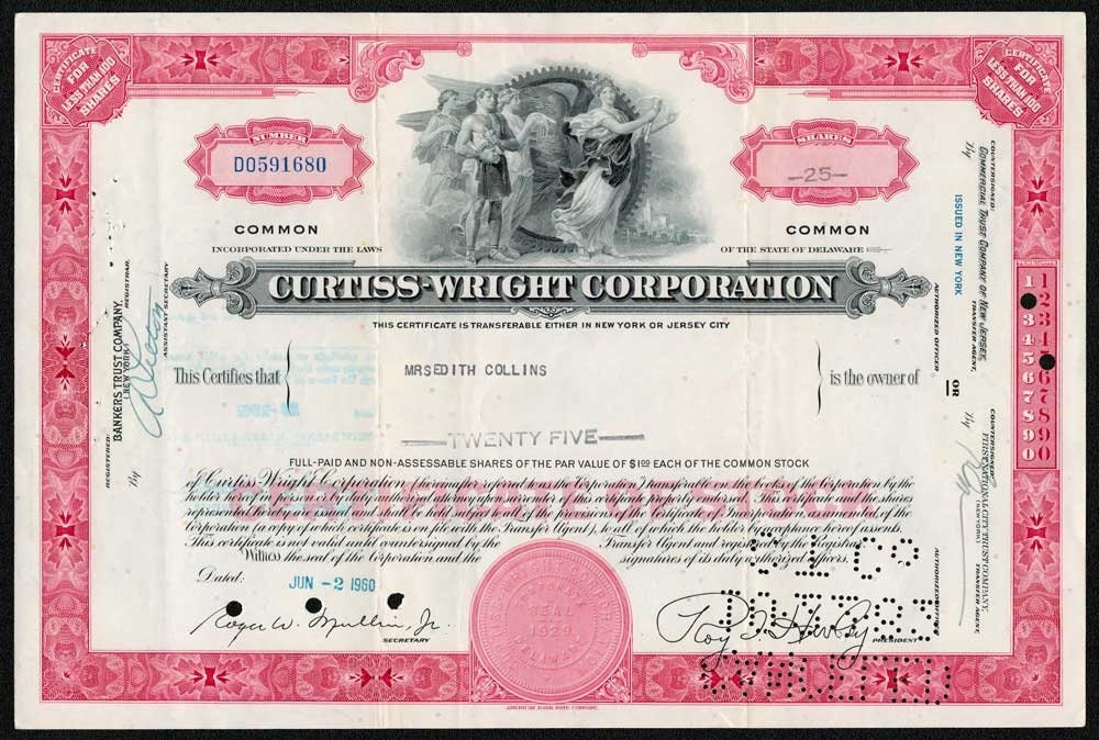 Curtiss-wright Corp Stock Certificate - Wright Brothers - Etsy
