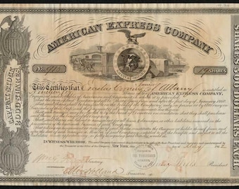 1867 American Express Company Stock Certificate Issued to & Signed by Erastus Corning Jr. - Signed by  Henry Wells, and William Fargo