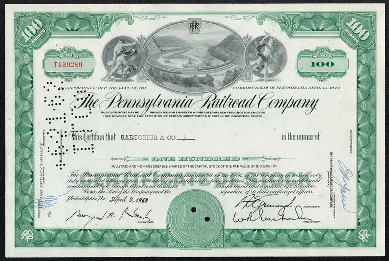 The Pennsylvania Railroad Company Stock Certificate 1960's 100 Shares