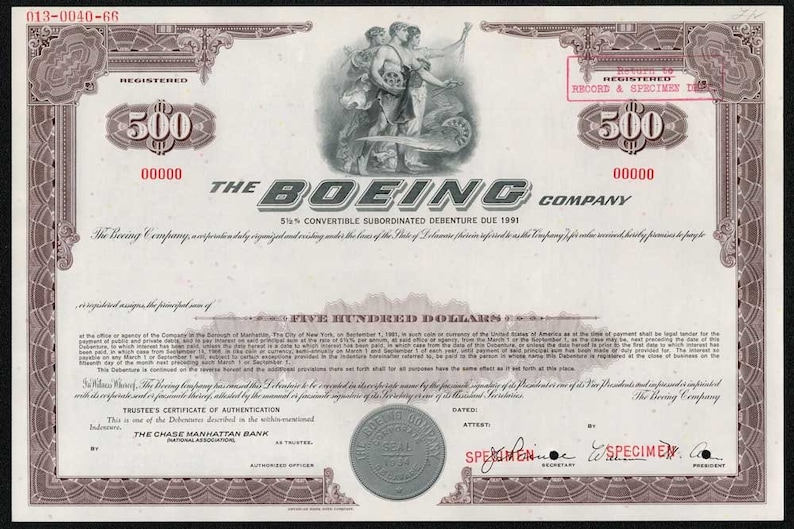 The Boeing Company Specimen 500 Dollar Bond Certificate 1966 Rare image 1