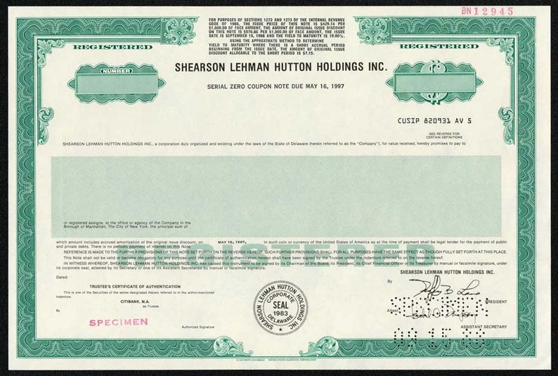 Shearson Lehman Hutton Bond Certificate Specimen RARE Now Stanley Etsy