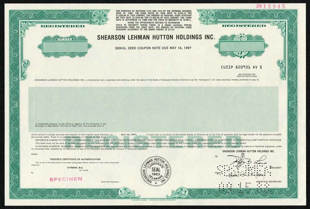 Shearson Lehman Hutton Bond Certificate Specimen RARE Now
