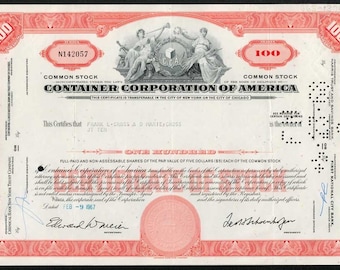 Container Corporation of America Stock Certificate - 1960s - Box company merged with Montgomery Ward