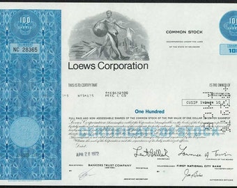 Loews Corporation Stock Certificate - 1970s - Loews Theatres