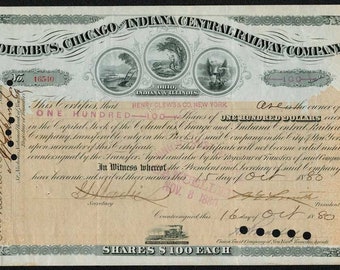 Columbus, Chicago and Indiana Central Railway Stock Certificate - 1880