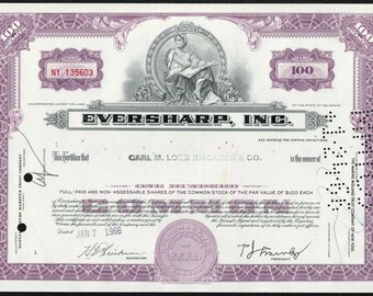 Eversharp, Inc. Stock Certificate - Eversharp Pencils - 1960s