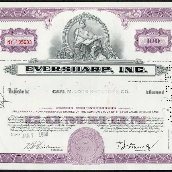 Eversharp, Inc. Stock Certificate - Eversharp Pencils - 1960s