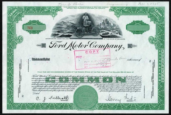 Certificado de acciones de muestra de Ford Motor Company con Henry