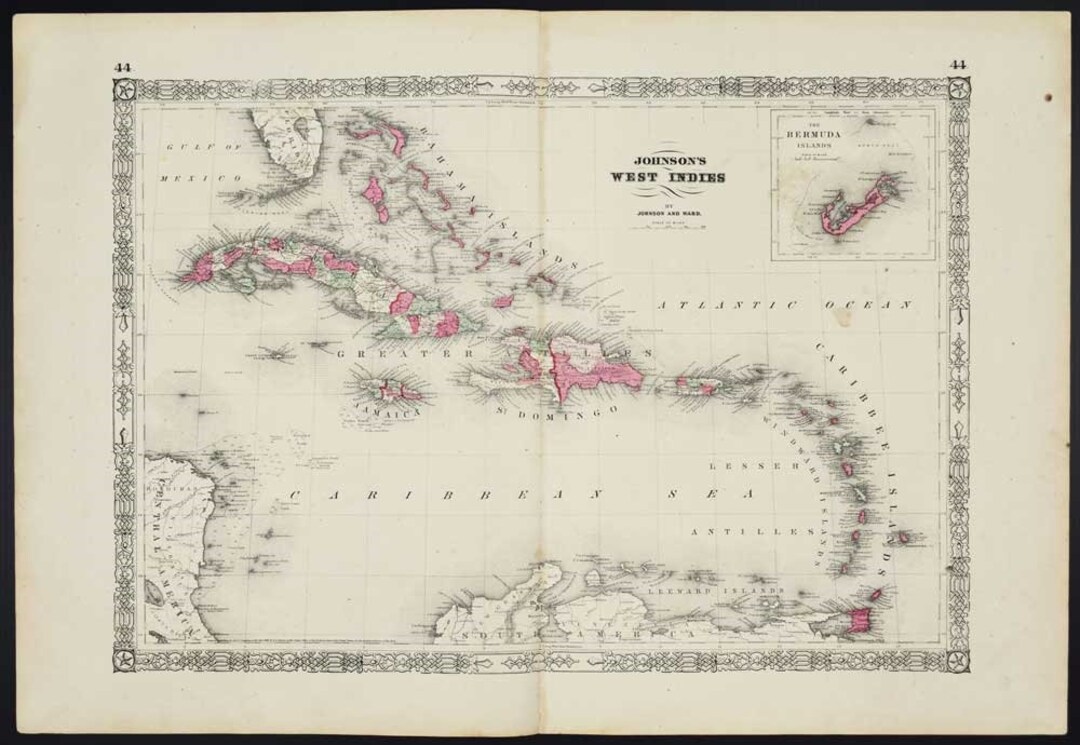 Johnson's Antique Map of the West Indies (caribbean) - 1864 - Old Map ...