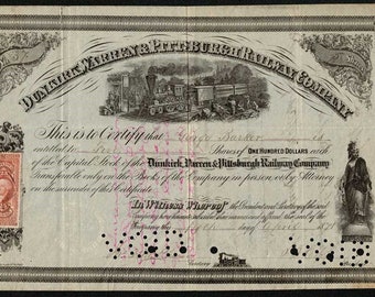 Dunkirk, Warren & Pittsburgh Railway Company Stock Certificate - 1870s