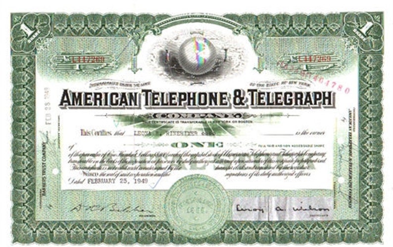 Vintage AT&T Stock Certificate American Telephone and | Etsy